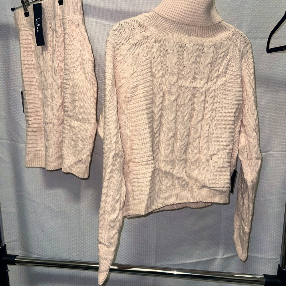 Lulu's Soft Peach color  Cable Knit Turtleneck Sweater & skirt combo